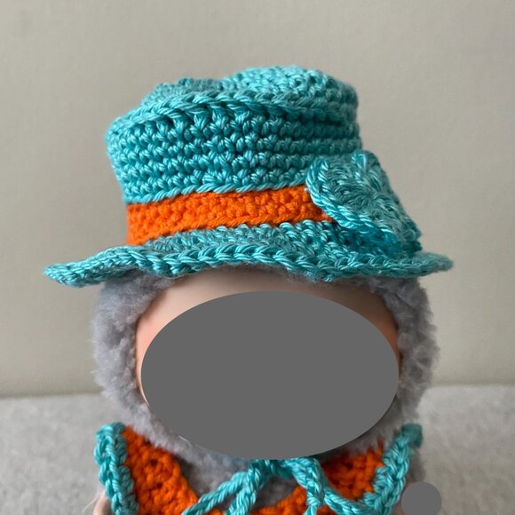Handmade Crochet Blue Orange Top Hat Outfit for 17cm Plush Doll 2-Piece Set - Picture 6 of 7